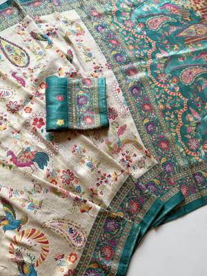 Blue Color Digital Pashmina Test print With Siroski Hand Work Naylon Viscos Softy Silk Saree 3