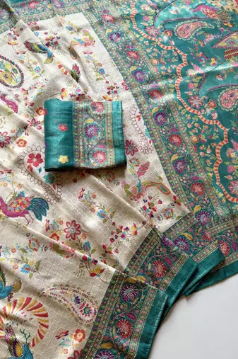 Blue Color Digital Pashmina Test print With Siroski Hand Work Naylon Viscos Softy Silk Saree