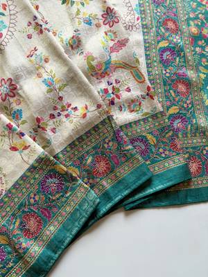 Blue Color Digital Pashmina Test print With Siroski Hand Work Naylon Viscos Softy Silk Saree 4