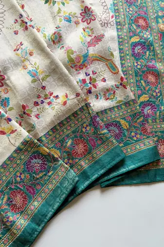 Blue Color Digital Pashmina Test print With Siroski Hand Work Naylon Viscos Softy Silk Saree