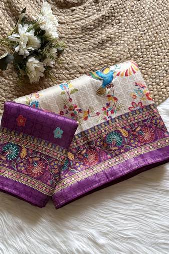 Plum Color Digital Pashmina Test print With Siroski Hand Work Naylon Viscos Softy Silk Saree