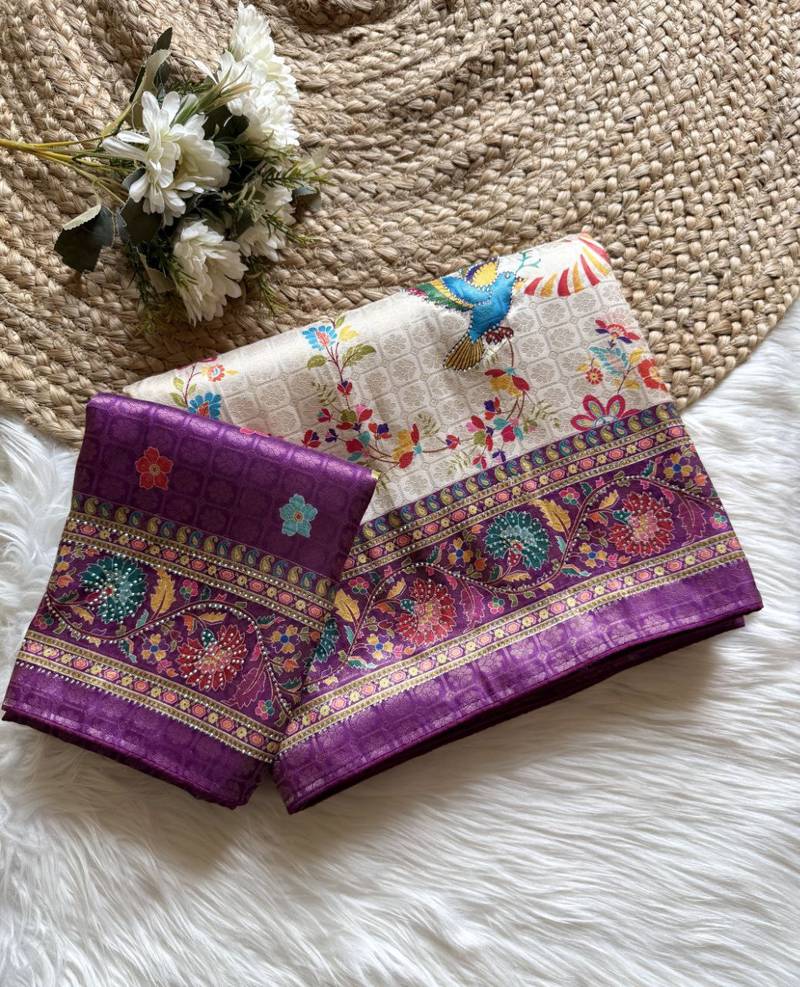 Plum Color Digital Pashmina Test print With Siroski Hand Work Naylon Viscos Softy Silk Saree