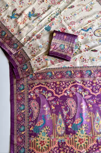 Plum Color Digital Pashmina Test print With Siroski Hand Work Naylon Viscos Softy Silk Saree