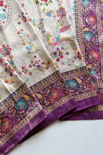 Plum Color Digital Pashmina Test print With Siroski Hand Work Naylon Viscos Softy Silk Saree