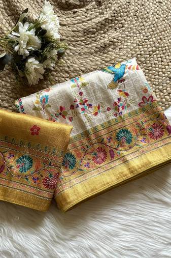 Yellow Color Digital Pashmina Test print With Siroski Hand Work Naylon Viscos Softy Silk Saree