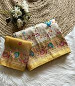 Yellow Color Digital Pashmina Test print With Siroski Hand Work Naylon Viscos Softy Silk Saree