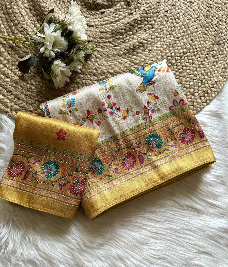 Yellow Color Digital Pashmina Test print With Siroski Hand Work Naylon Viscos Softy Silk Saree