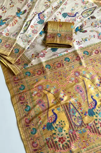 Yellow Color Digital Pashmina Test print With Siroski Hand Work Naylon Viscos Softy Silk Saree