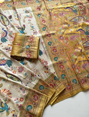 Yellow Color Digital Pashmina Test print With Siroski Hand Work Naylon Viscos Softy Silk Saree 3