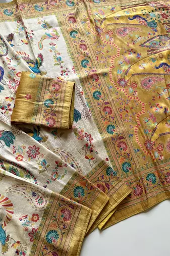 Yellow Color Digital Pashmina Test print With Siroski Hand Work Naylon Viscos Softy Silk Saree