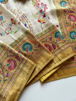 Yellow Color Digital Pashmina Test print With Siroski Hand Work Naylon Viscos Softy Silk Saree 4