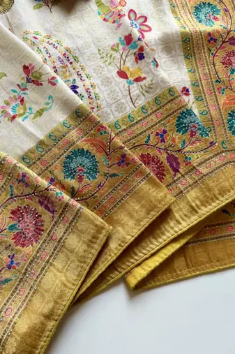Yellow Color Digital Pashmina Test print With Siroski Hand Work Naylon Viscos Softy Silk Saree