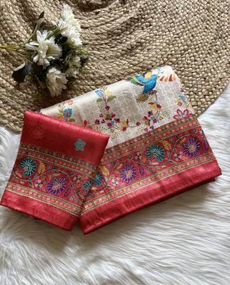 Red Color Digital Pashmina Test print With Siroski Hand Work Naylon Viscos Softy Silk Saree 1