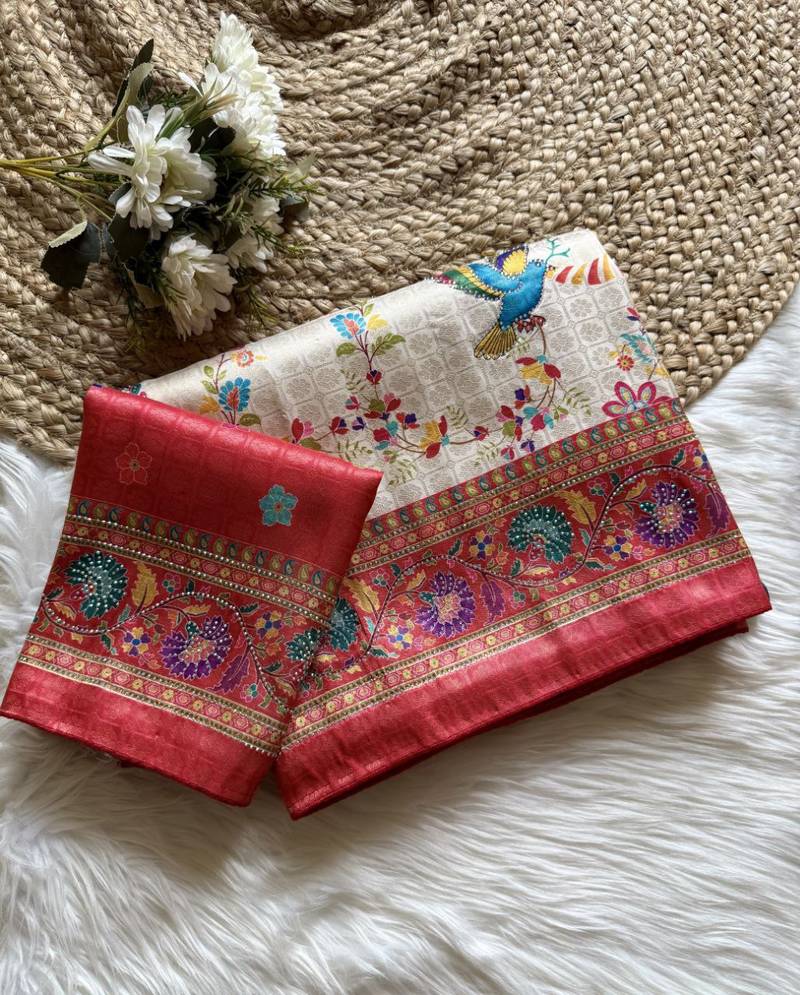 Red Color Digital Pashmina Test print With Siroski Hand Work Naylon Viscos Softy Silk Saree