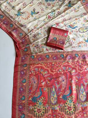 Red Color Digital Pashmina Test print With Siroski Hand Work Naylon Viscos Softy Silk Saree 2