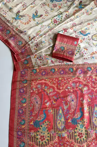 Red Color Digital Pashmina Test print With Siroski Hand Work Naylon Viscos Softy Silk Saree