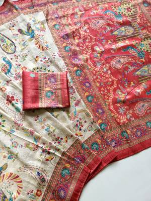 Red Color Digital Pashmina Test print With Siroski Hand Work Naylon Viscos Softy Silk Saree 3