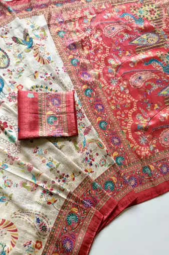 Red Color Digital Pashmina Test print With Siroski Hand Work Naylon Viscos Softy Silk Saree