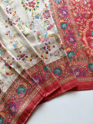 Red Color Digital Pashmina Test print With Siroski Hand Work Naylon Viscos Softy Silk Saree 4