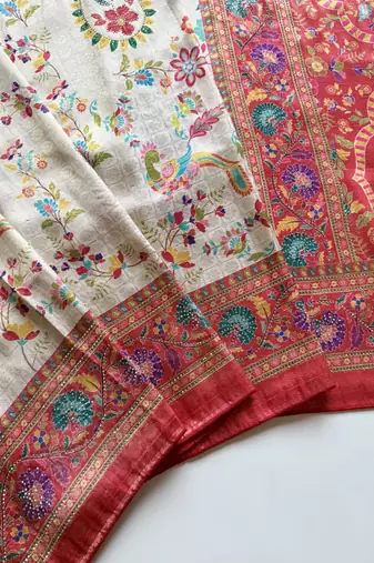 Red Color Digital Pashmina Test print With Siroski Hand Work Naylon Viscos Softy Silk Saree