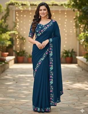 teal georgette saree with sequins lace work 1