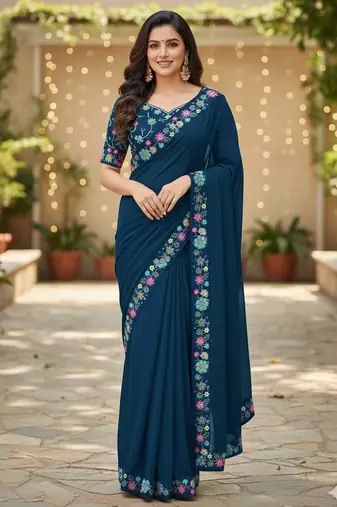 New Georgette Sequence Embroidered Lace Women's Saree With Blouse Set 