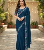 New Georgette Sequence Embroidered Lace Women's Saree With Blouse Set 