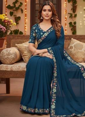 teal georgette saree with sequins lace work 2