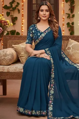 teal georgette saree with sequins lace work