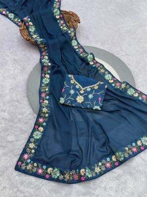 teal georgette saree with sequins lace work 3