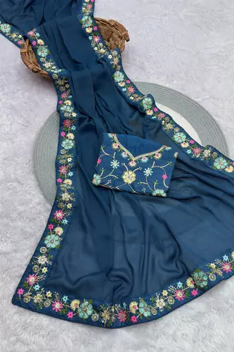 teal georgette saree with sequins lace work