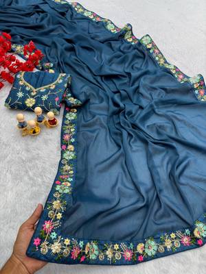 teal georgette saree with sequins lace work 4