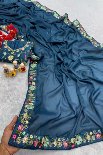 teal georgette saree with sequins lace work