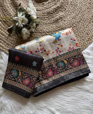 Black Color Digital Pashmina Test print With Siroski Hand Work Naylon Viscos Softy Silk Saree 1