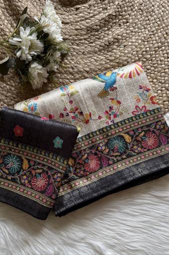 Black Color Digital Pashmina Test print With Siroski Hand Work Naylon Viscos Softy Silk Saree