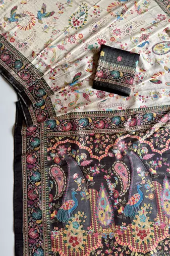 Black Color Digital Pashmina Test print With Siroski Hand Work Naylon Viscos Softy Silk Saree