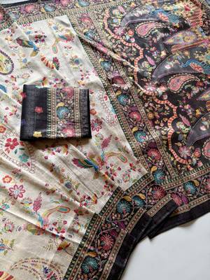 Black Color Digital Pashmina Test print With Siroski Hand Work Naylon Viscos Softy Silk Saree 3
