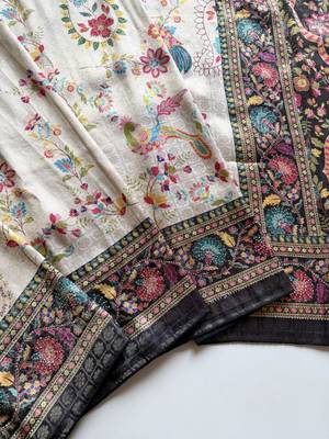 Black Color Digital Pashmina Test print With Siroski Hand Work Naylon Viscos Softy Silk Saree 4