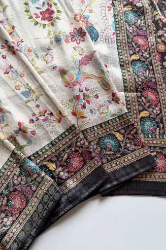 Black Color Digital Pashmina Test print With Siroski Hand Work Naylon Viscos Softy Silk Saree