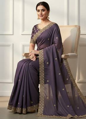 purple georgette saree with sequin work 2