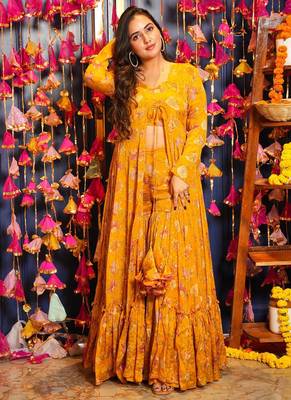 Yellow chinon silk digital print plazzo with strug indowestern suit 1