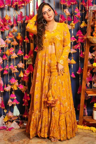 Yellow chinon silk digital print plazzo with strug indowestern suit