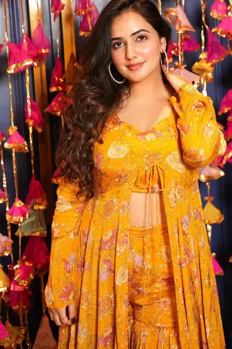 Yellow chinon silk digital print plazzo with strug indowestern suit