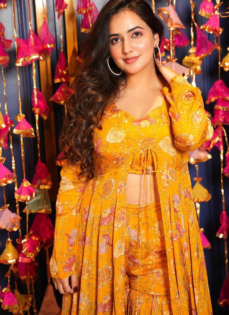 Yellow chinon silk digital print plazzo with strug indowestern suit