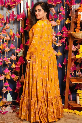Yellow chinon silk digital print plazzo with strug indowestern suit