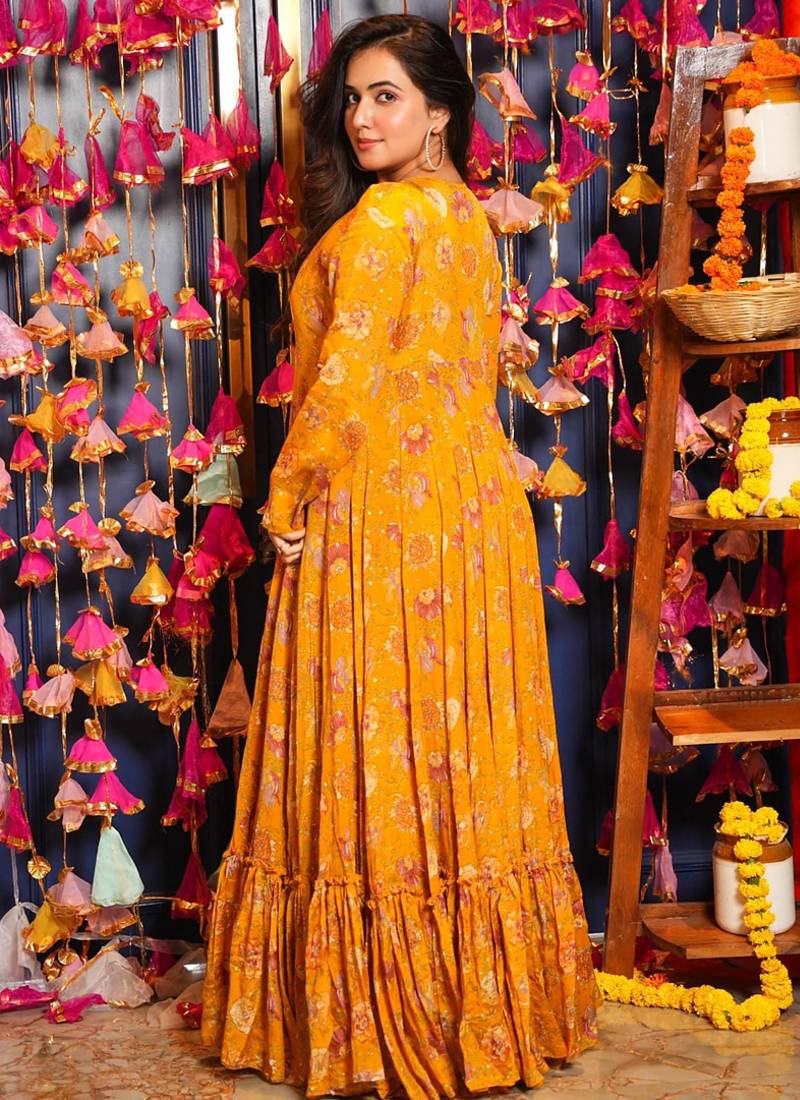 Yellow chinon silk digital print plazzo with strug indowestern suit