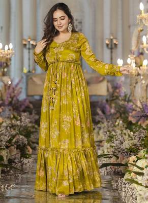 Smith green chinon silk digital print plazzo with strug indowestern suit 1