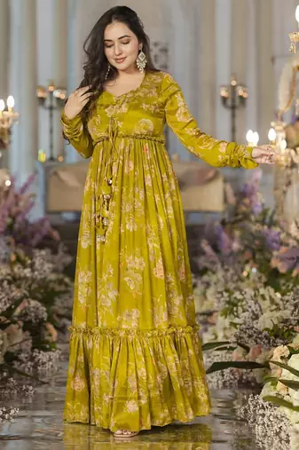 Smith green chinon silk digital print plazzo with strug indowestern suit