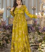 Smith green chinon silk digital print plazzo with strug indowestern suit