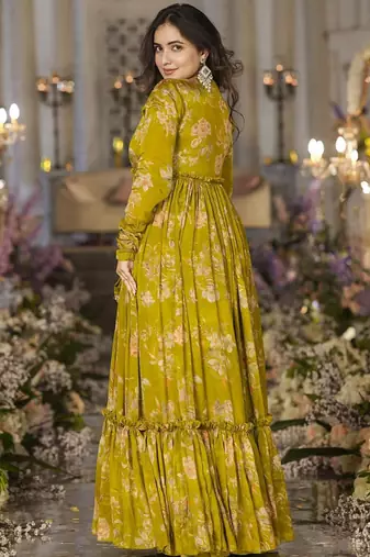 Smith green chinon silk digital print plazzo with strug indowestern suit